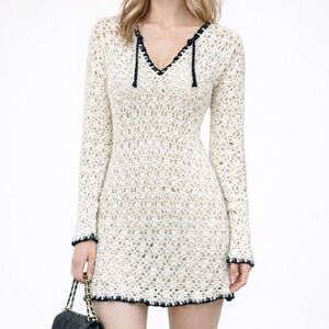 Tory Burch open knit tunic sweater in cream and navy blue